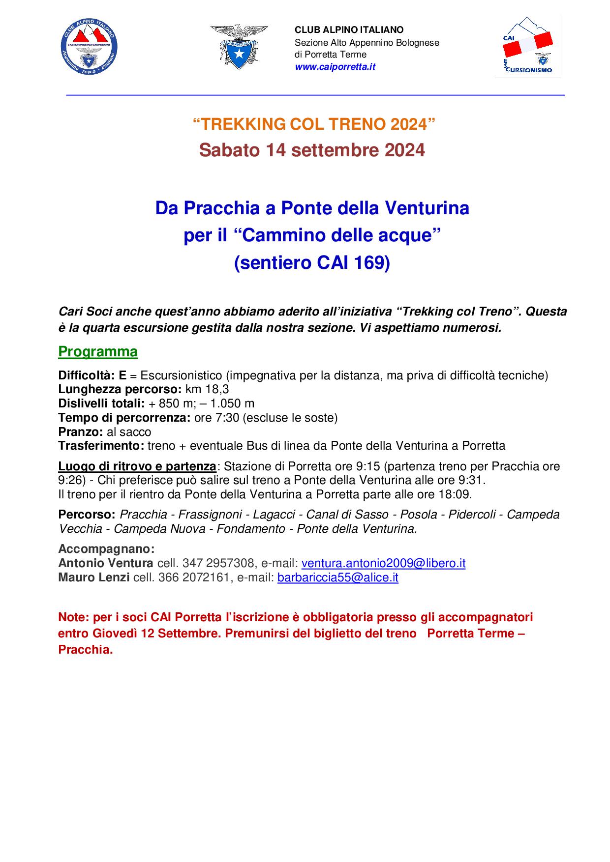 Trekking col treno 14 settembre 2024 Pracchia Ponte Venturina